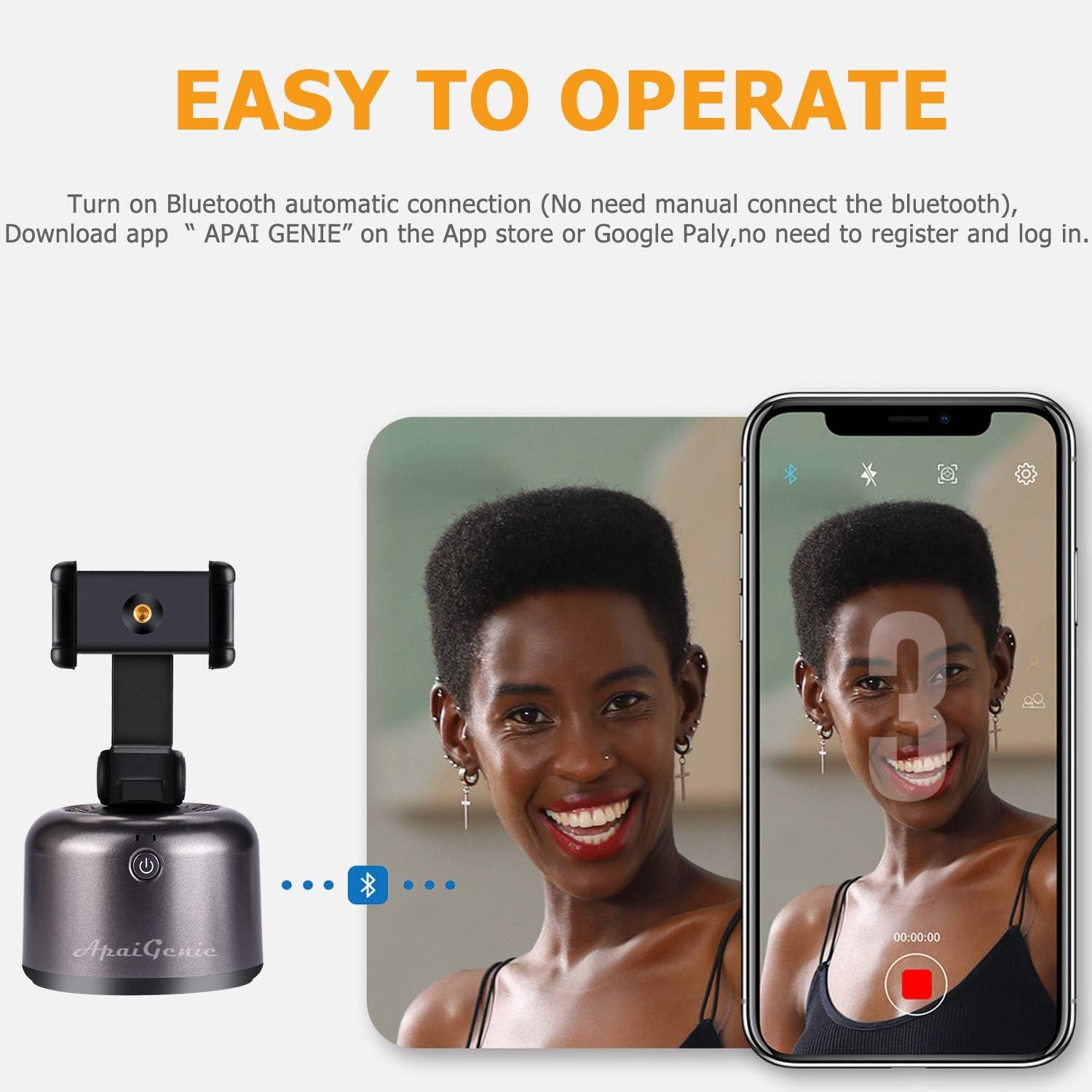Apai Genie Ii - Auto Tracking Smartphone Holder - Handsfree Face Tracking Camera Stand - Smart Selfie Stick 360° Rotation for Live Stream, Videos and Photos Black