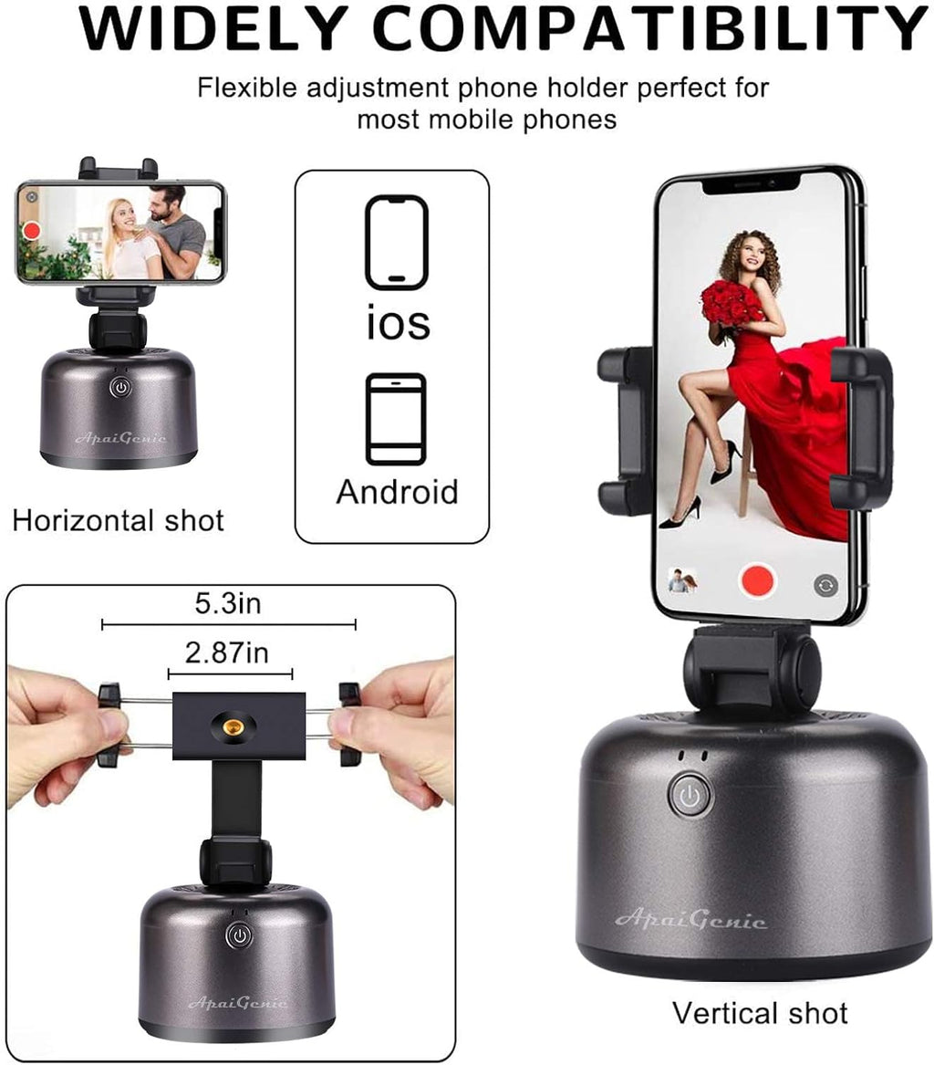 Apai Genie Ii - Auto Tracking Smartphone Holder - Handsfree Face Tracking Camera Stand - Smart Selfie Stick 360° Rotation for Live Stream, Videos and Photos Black